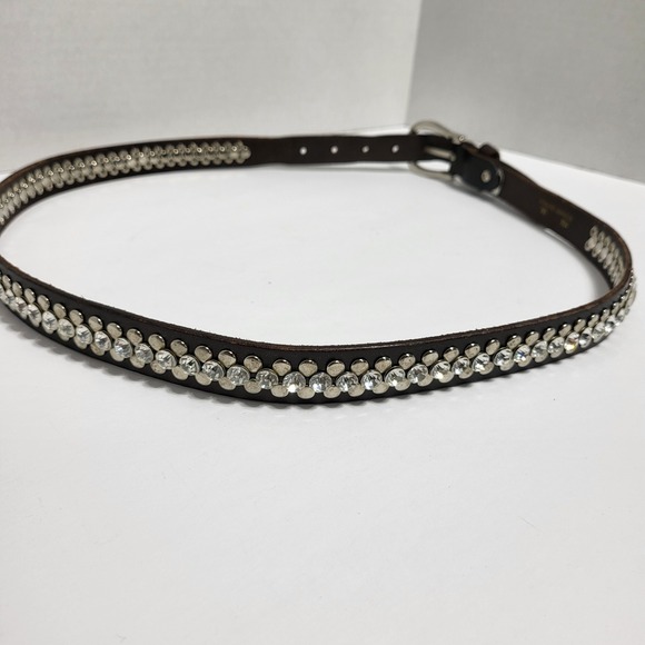 Womens Genuine Leather Rhinestone Flower Belt Brown ML Buckle Embellished - Picture 2 of 4